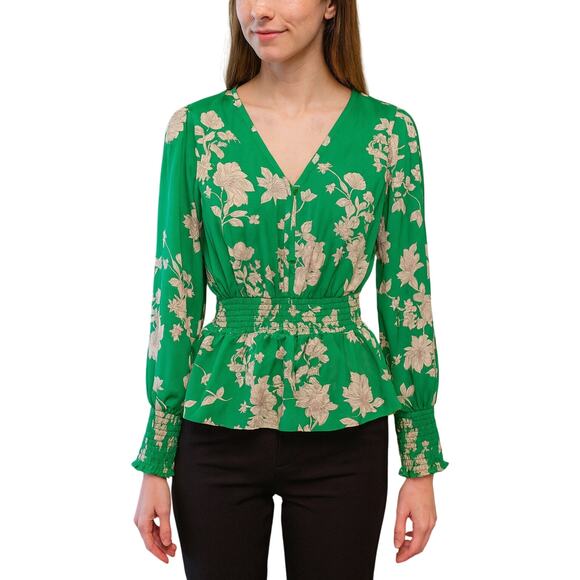 Sienna Sky Tops - Sienna Sky Green Floral Smocked Waist Peplum Blouse Long Sleeve Women’s Small